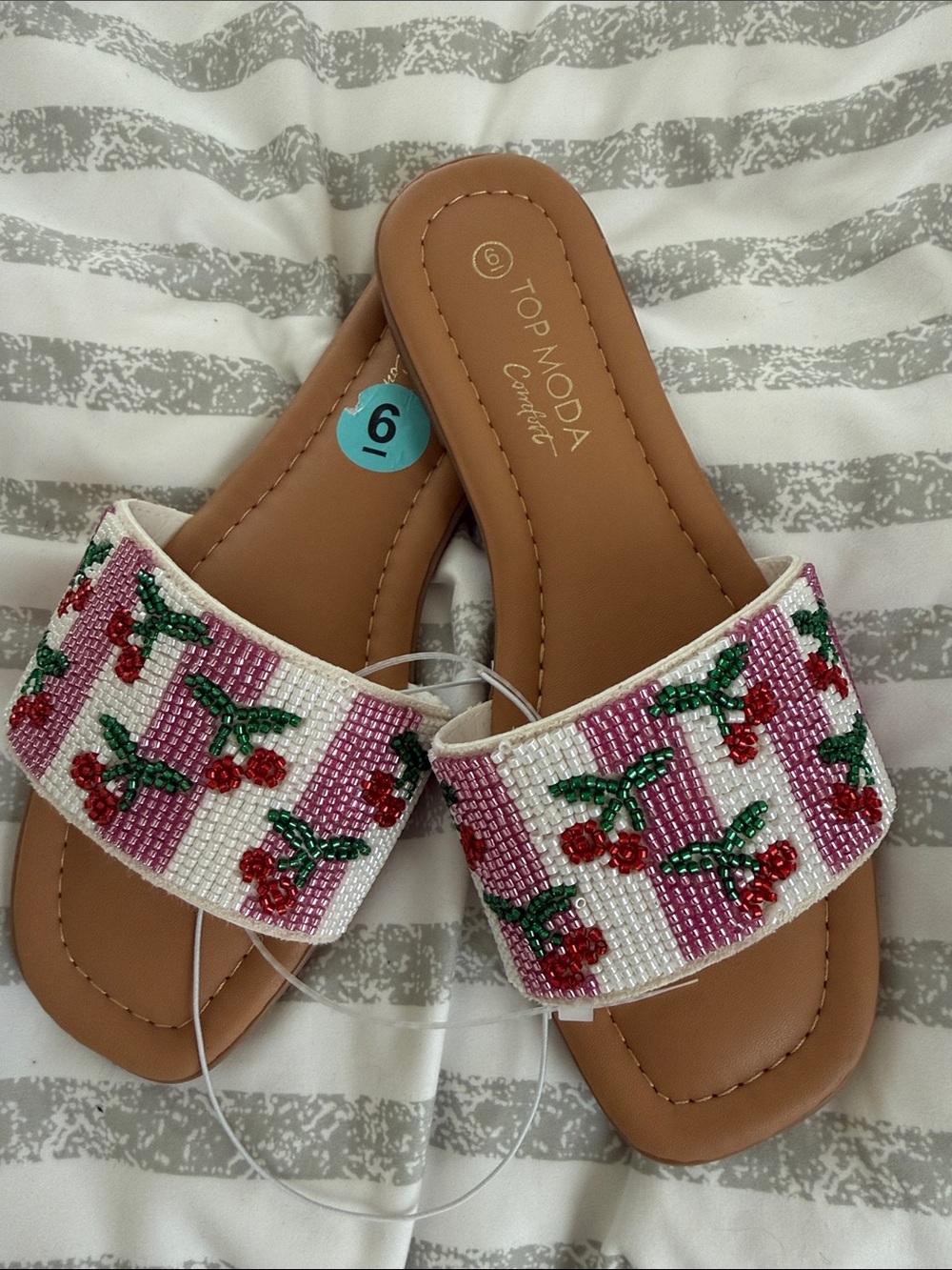 TOP Moda Beaded Cherry Slide Sandals - Pink, White, Red, Green, Tan